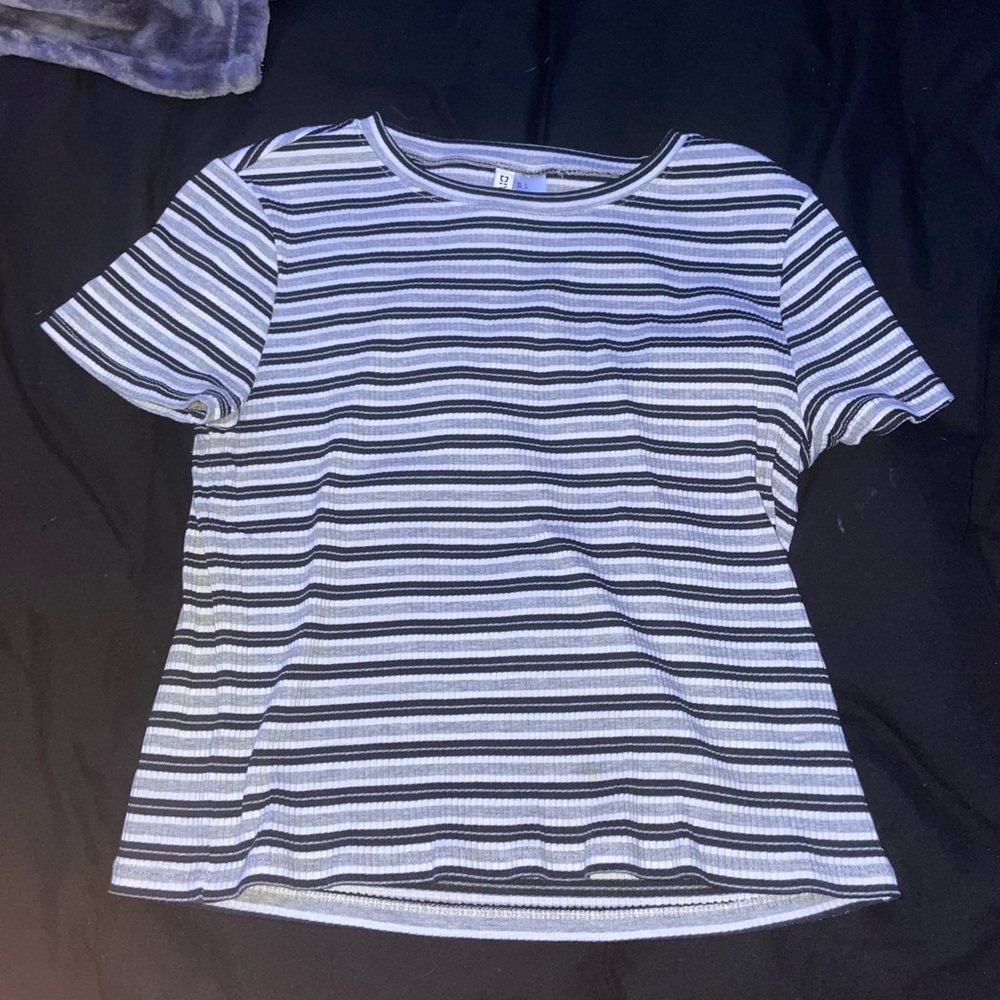 Black, grey, white stripped short sleeve. Worn once